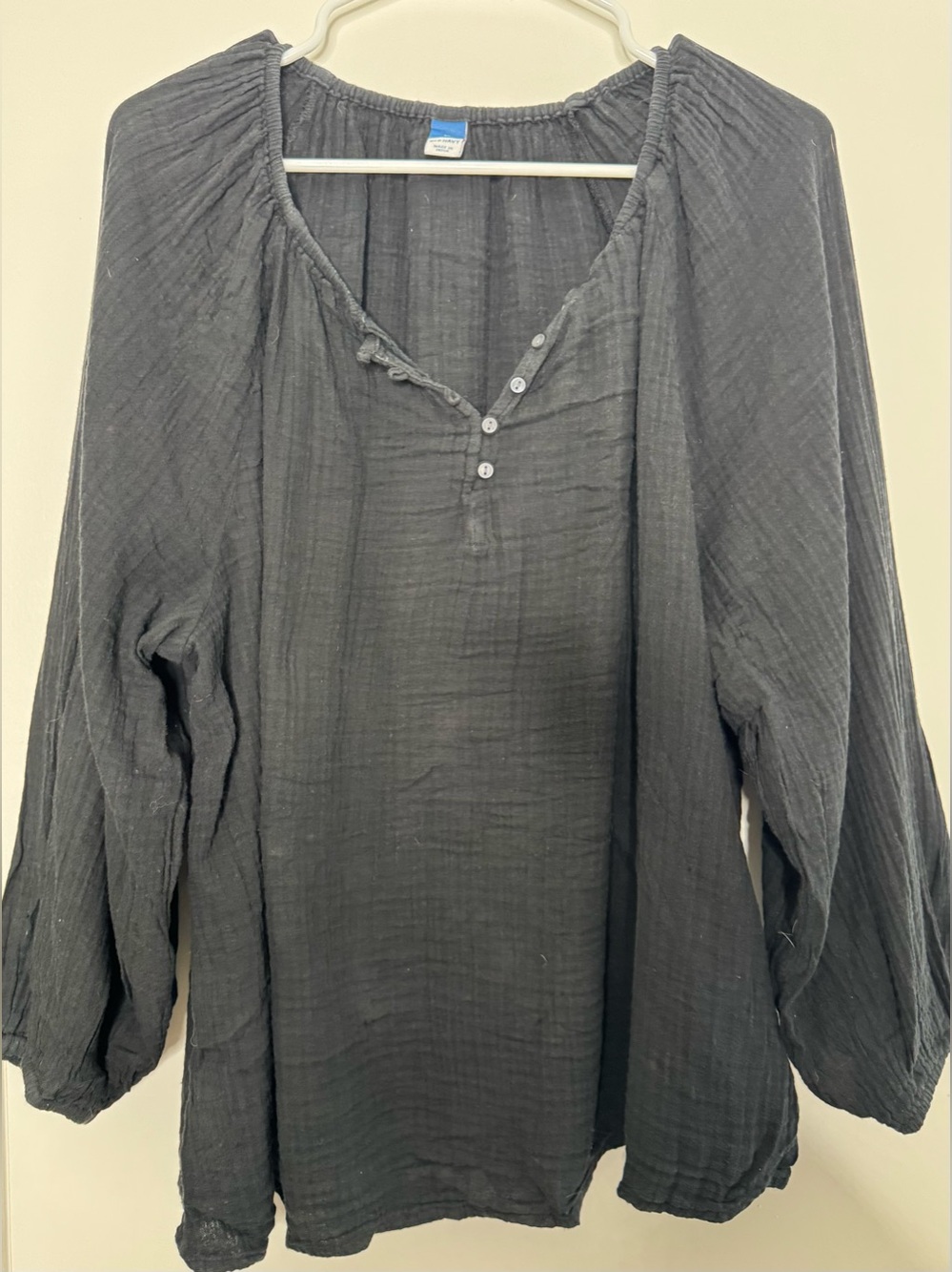 Old Navy Black Textured Peasant Tunic long sleeve 100% cotton sz xl